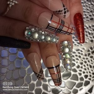 Nude red n black tartan/plaid and bling/ luxury acrylic press on nails pPN123